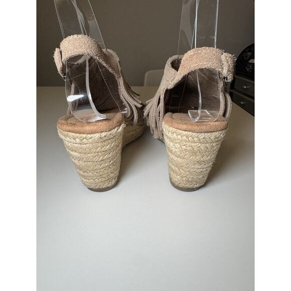 Minnetonka Sz 7 Espadrille Wedge Tan Sandal Ashley Fringe Suede Leather - Picture 6 of 8